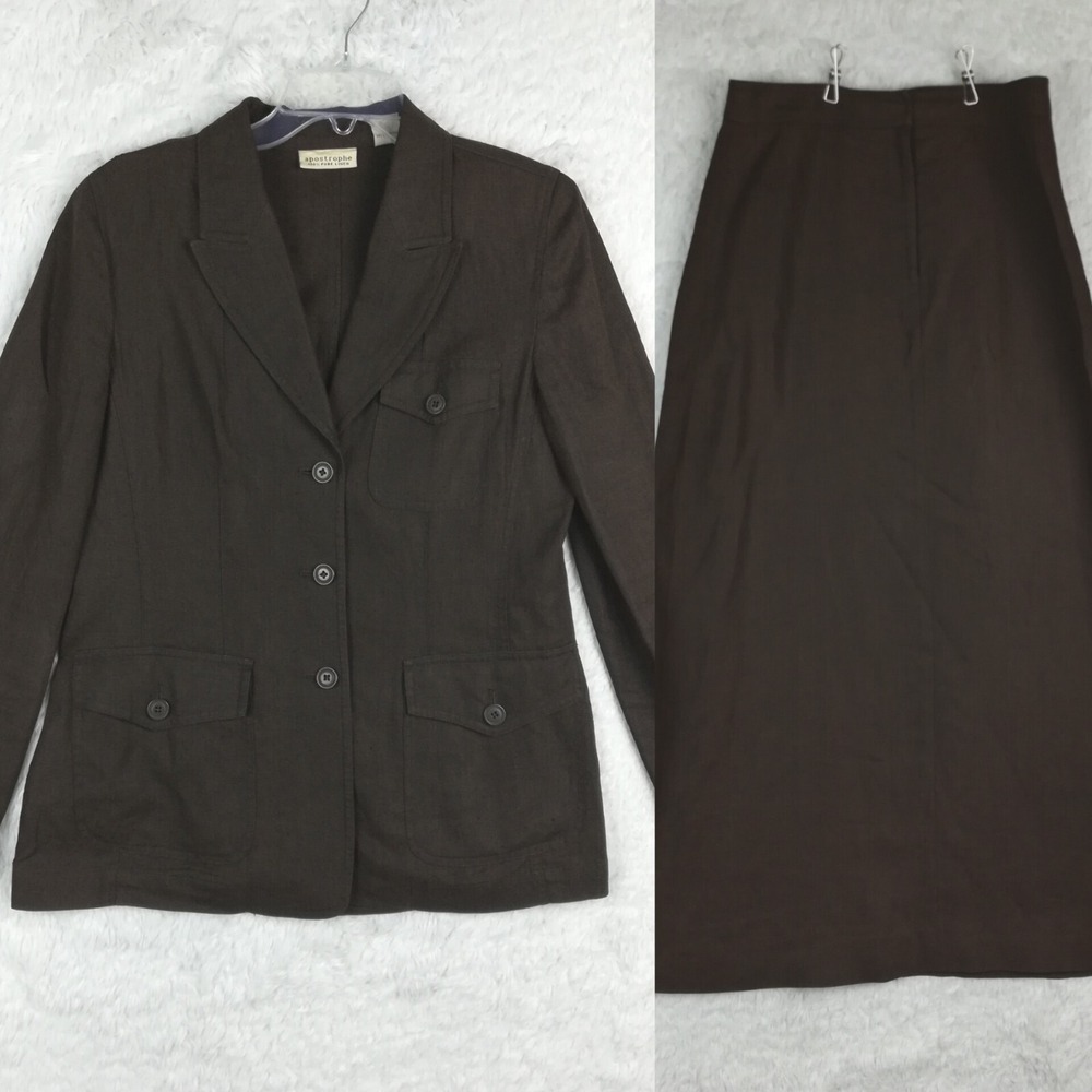 Apostrophe Womens Suit Jacket Skirt Linen Brown Blazer Set Business Career 8